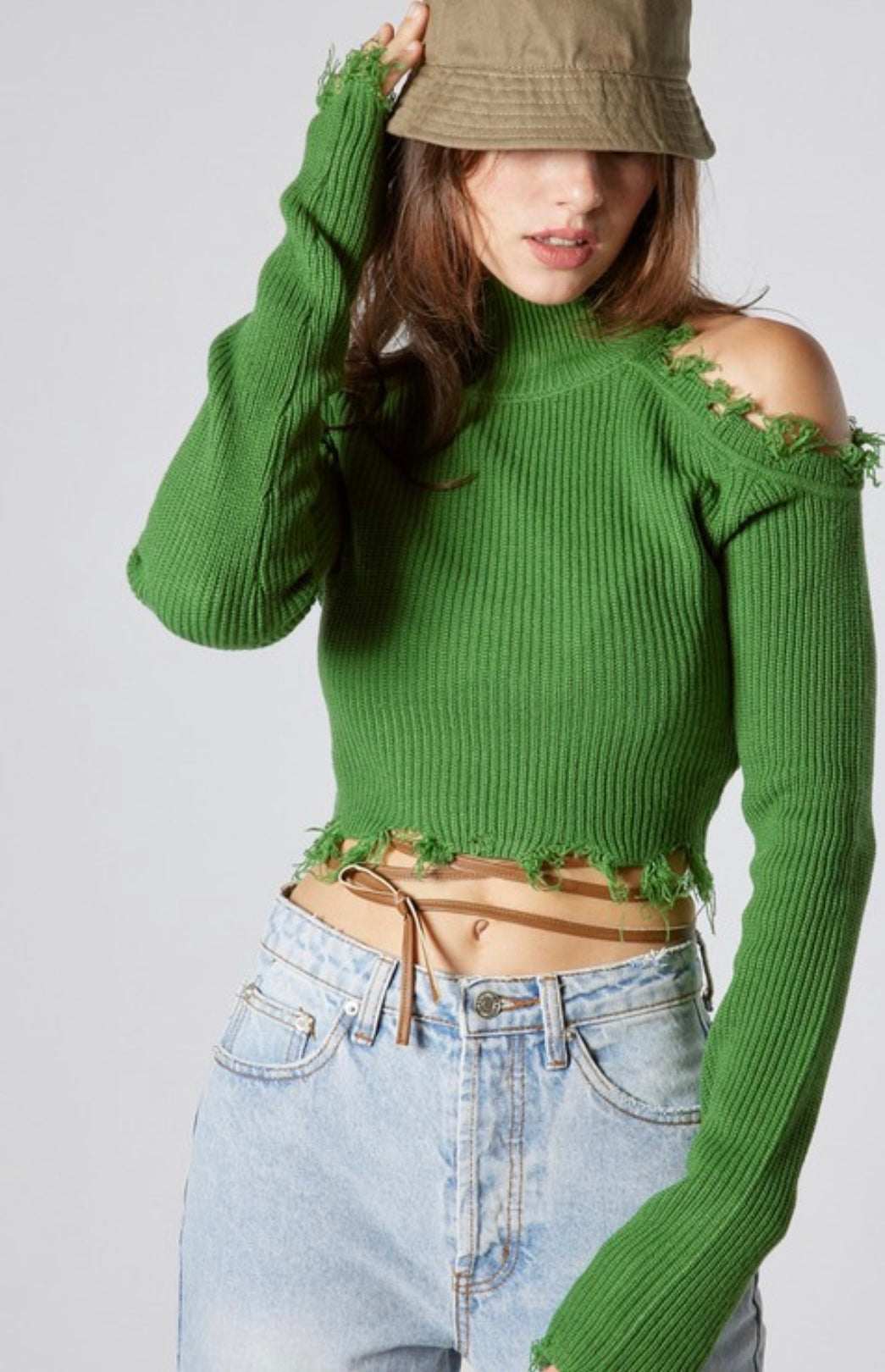 Green Cold Shoulder Cropped Knit Top