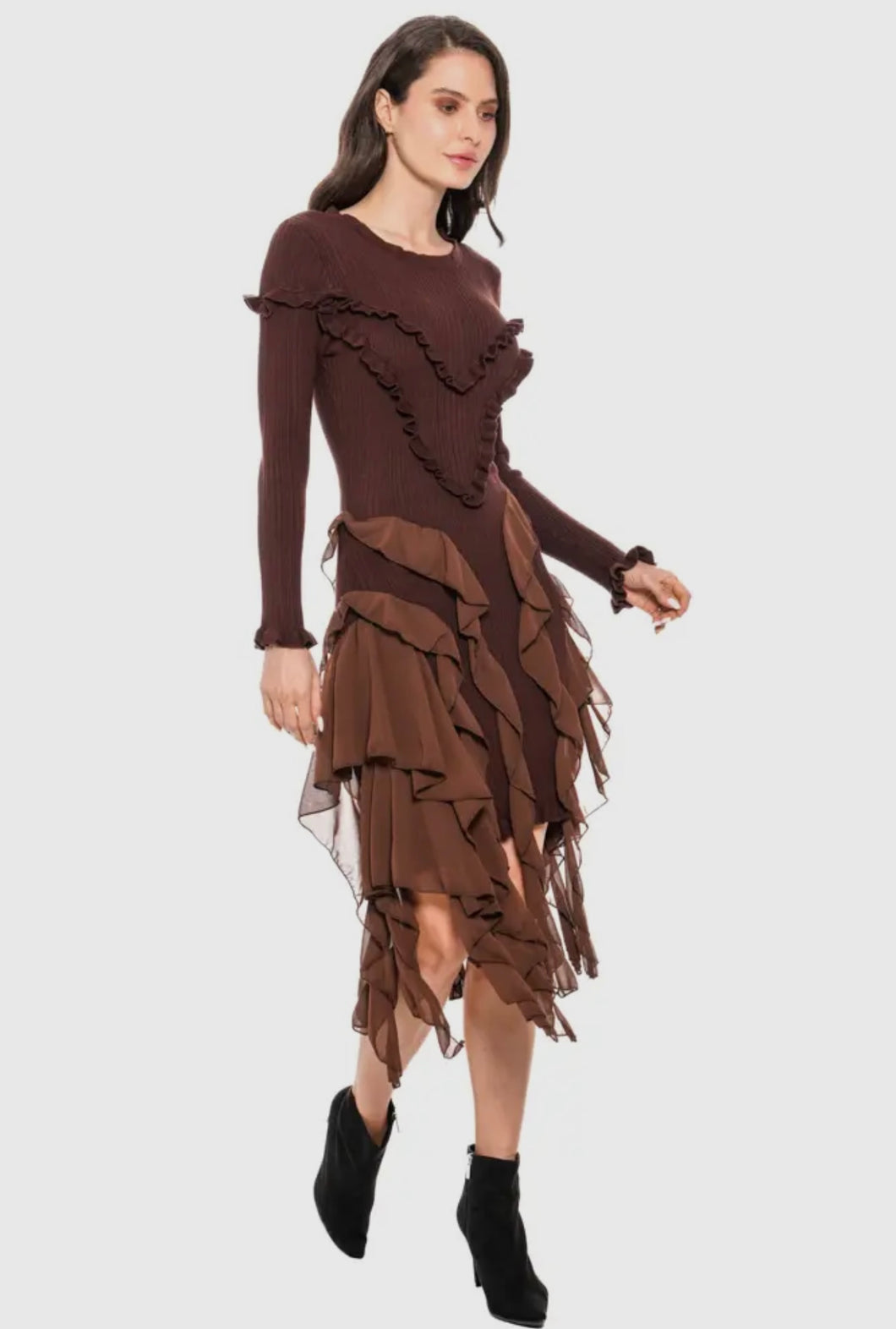 Brown Ruffle Trim Knit Dress