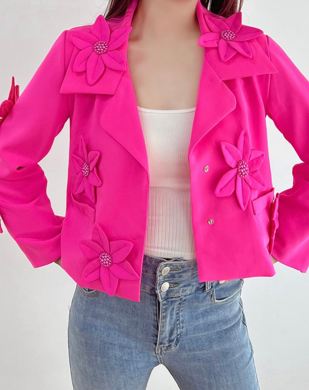 Hot Pink Flower Cropped Blazer