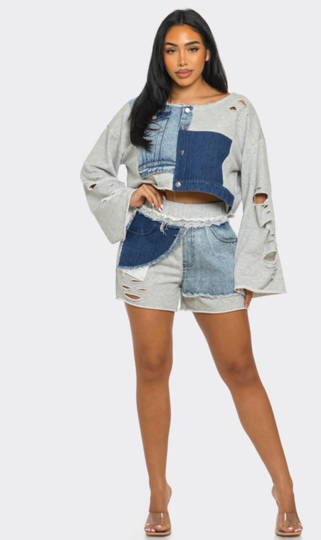 Distressed Denim & Jersey Short Set