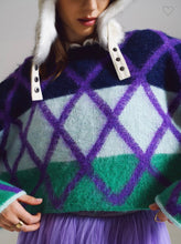 Load image into Gallery viewer, Purple Argyle Cropped Sweater
