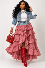 Load image into Gallery viewer, Denim Gingham Tiered Ruffle Maxi Skirt
