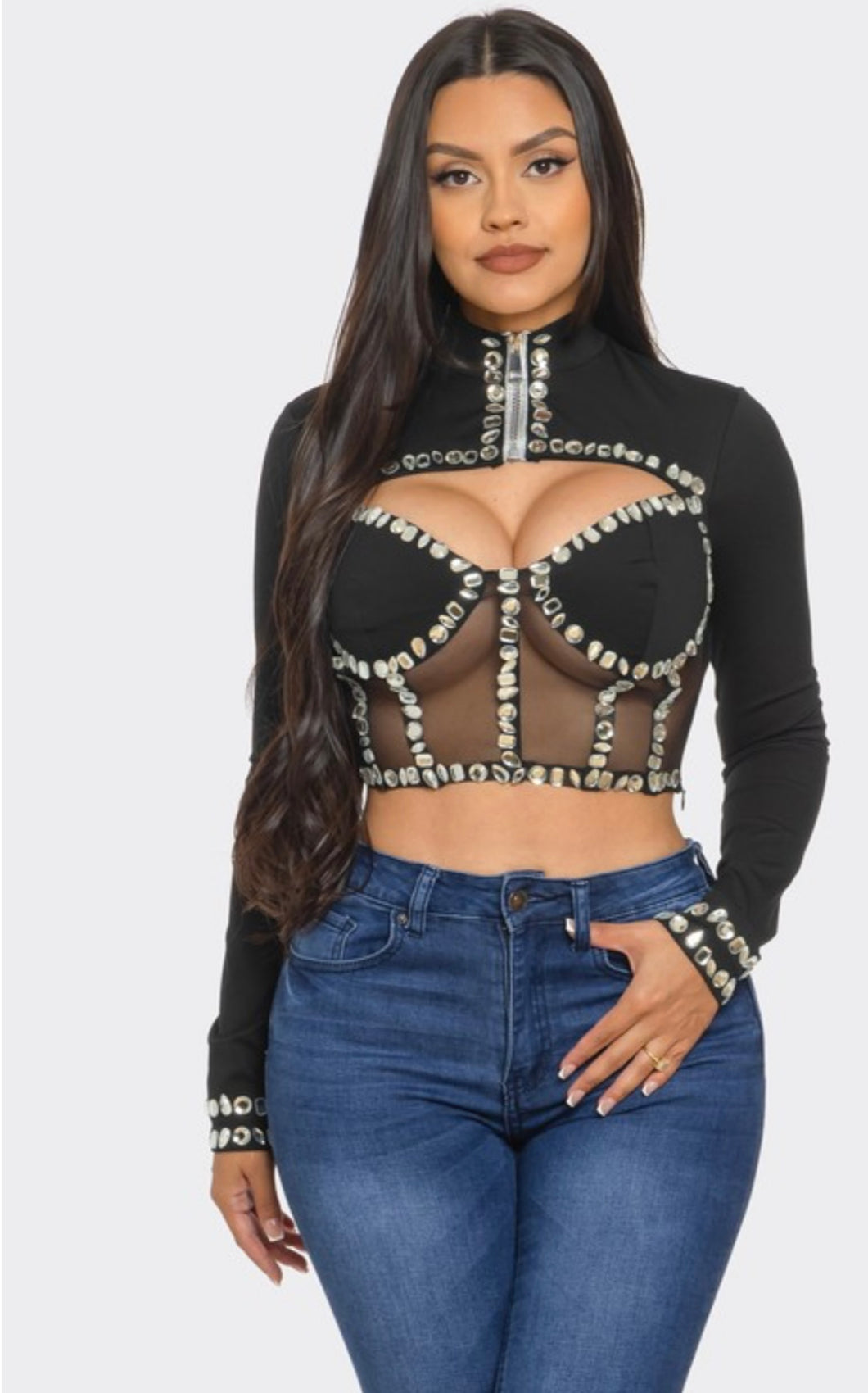 Black Rhinestone Cropped Top