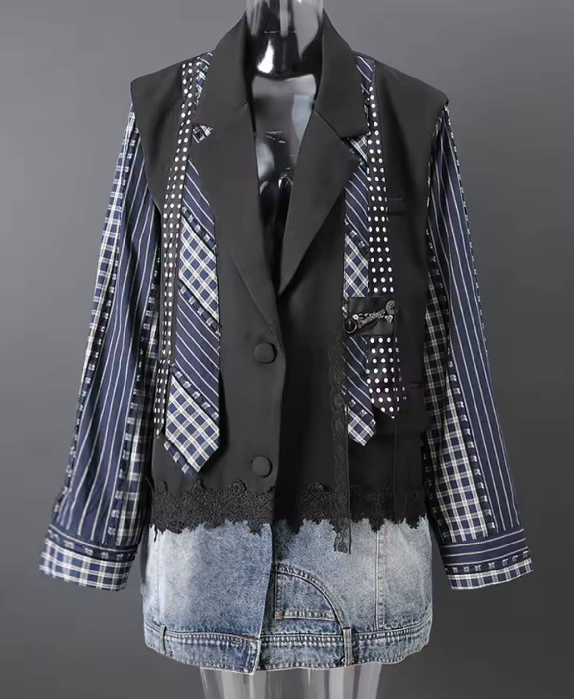 Deconstructed Necktie, Lace & Denim Blazer