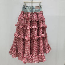 Load image into Gallery viewer, Denim Gingham Tiered Ruffle Maxi Skirt
