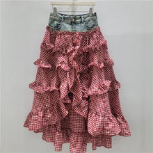 Load image into Gallery viewer, Denim Gingham Tiered Ruffle Maxi Skirt
