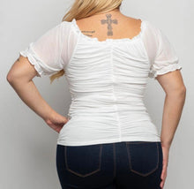 Load image into Gallery viewer, White Mesh Ruched Puff Sleeve Top
