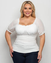 Load image into Gallery viewer, White Mesh Ruched Puff Sleeve Top
