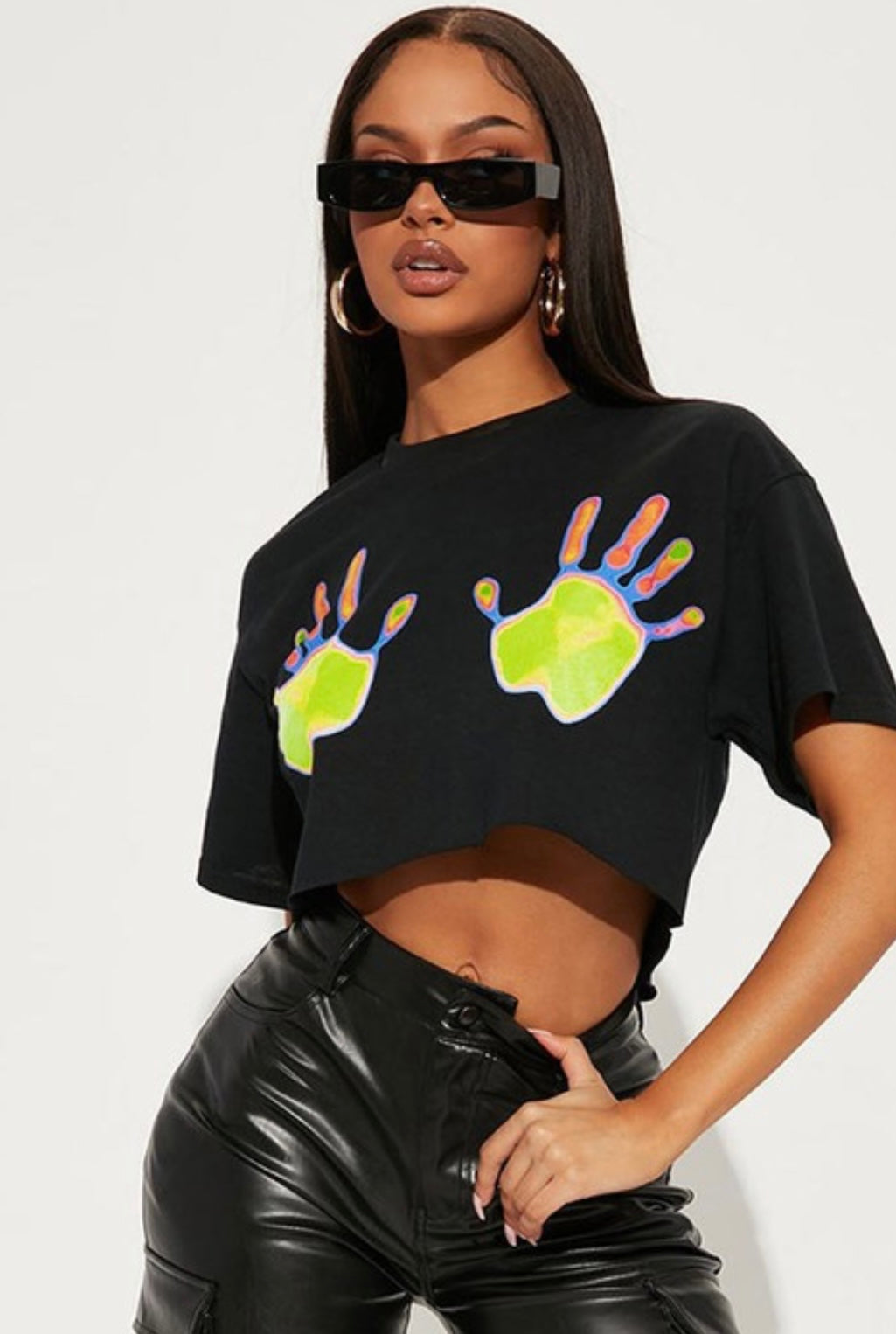 Black Cropped Hand Print Top