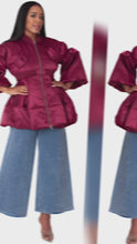 Load and play video in Gallery viewer, Bold Puff Sleeve Bomber Jacket (Burgundy/Navy)
