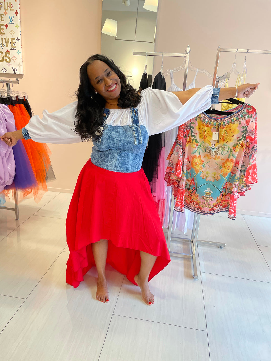 Tea Party Red & Denim Dress – BLOSSOMS BOUTIQUE