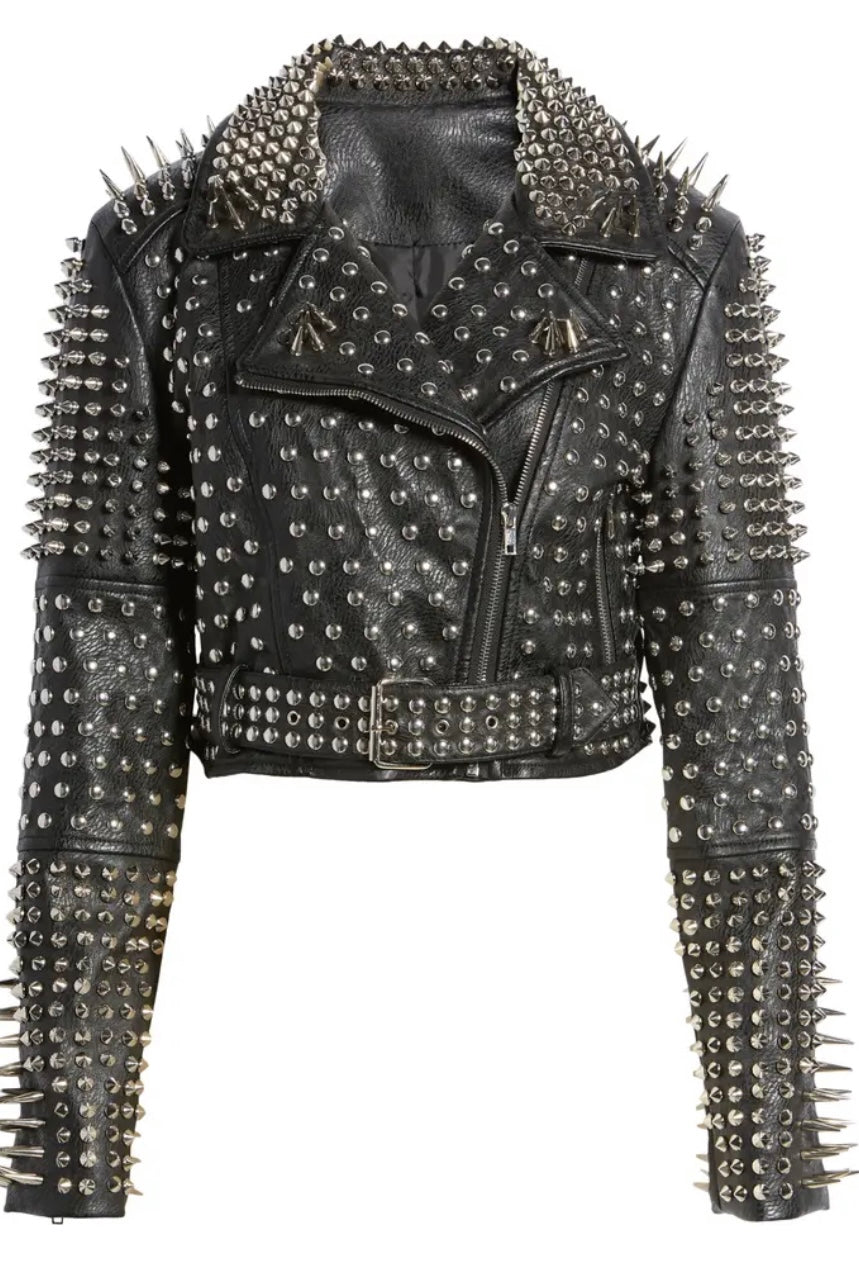 Spiked shops leather jacket faux