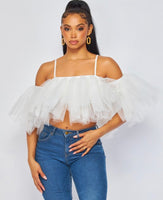 Puffy Tulle Cold Shoulder Top