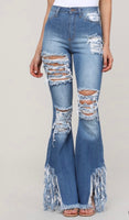 Medium Blue Distressed Flare Denim