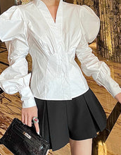 Load image into Gallery viewer, White Bubble Sleeve Blouse
