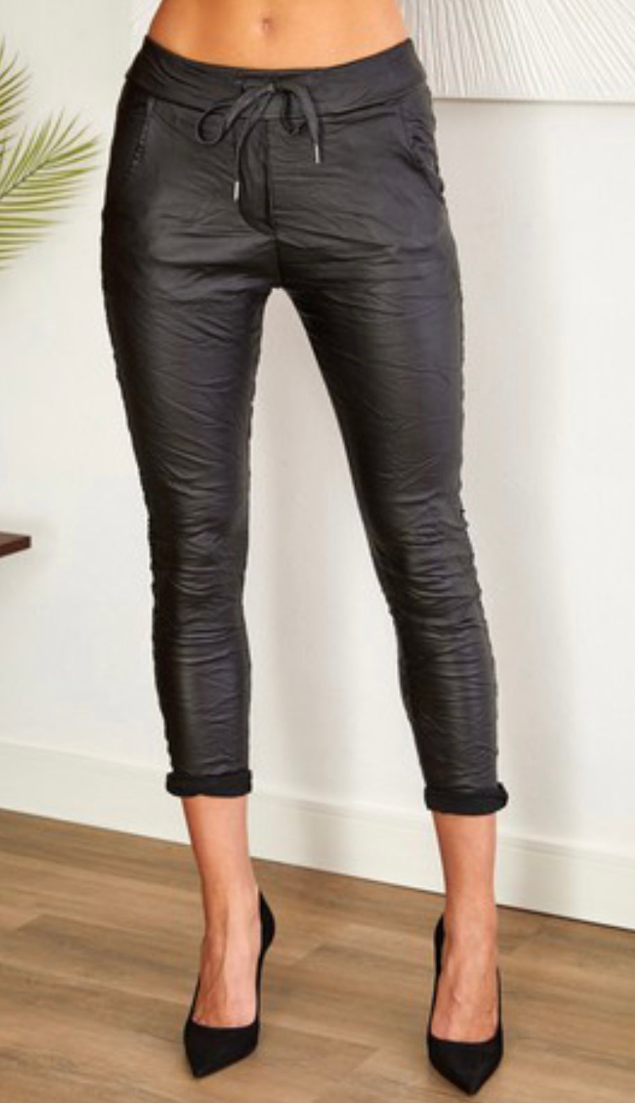 Black Faux Leather Crinkle Pants