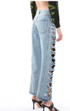 Light Blue Side Holes Washed Jeans